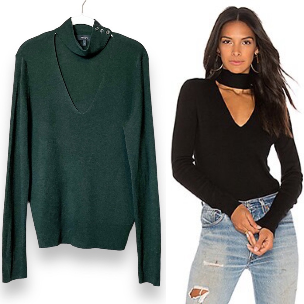 Theory Tie Neck Sweater Large mock button cutout lightweight green silk cashmere - Picture 1 of 10